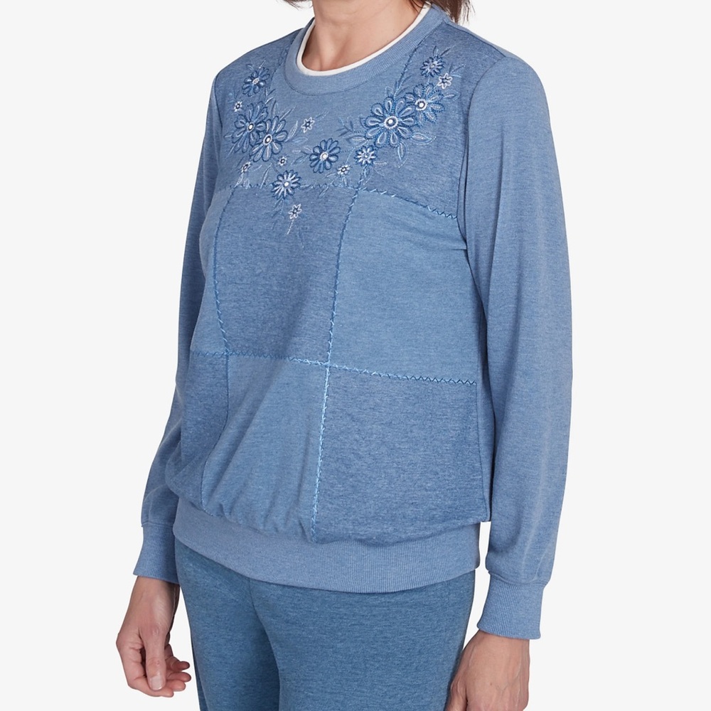 Blue Embroidered Floral Sweater